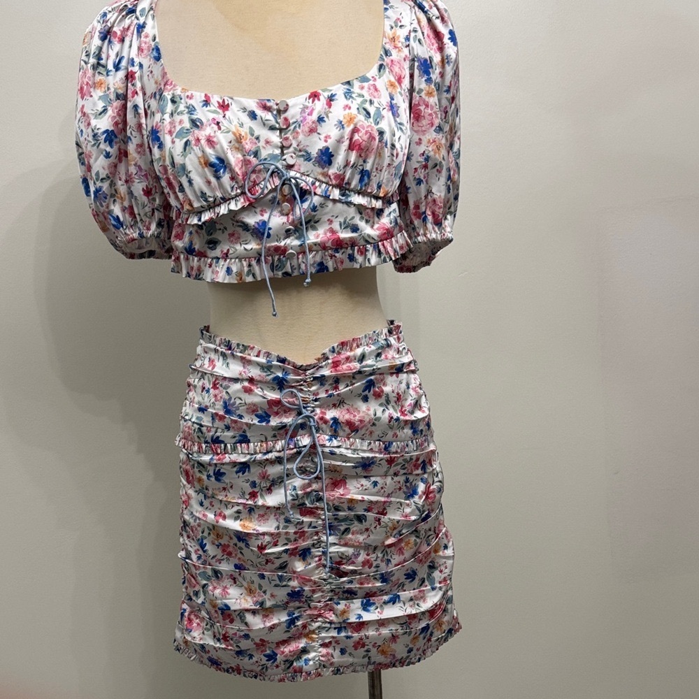 Floral Print Skirt Matching Set with Ruched Floral Detailing